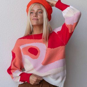 NWOT - Red Wavy Oversized Crew Neck Sweater